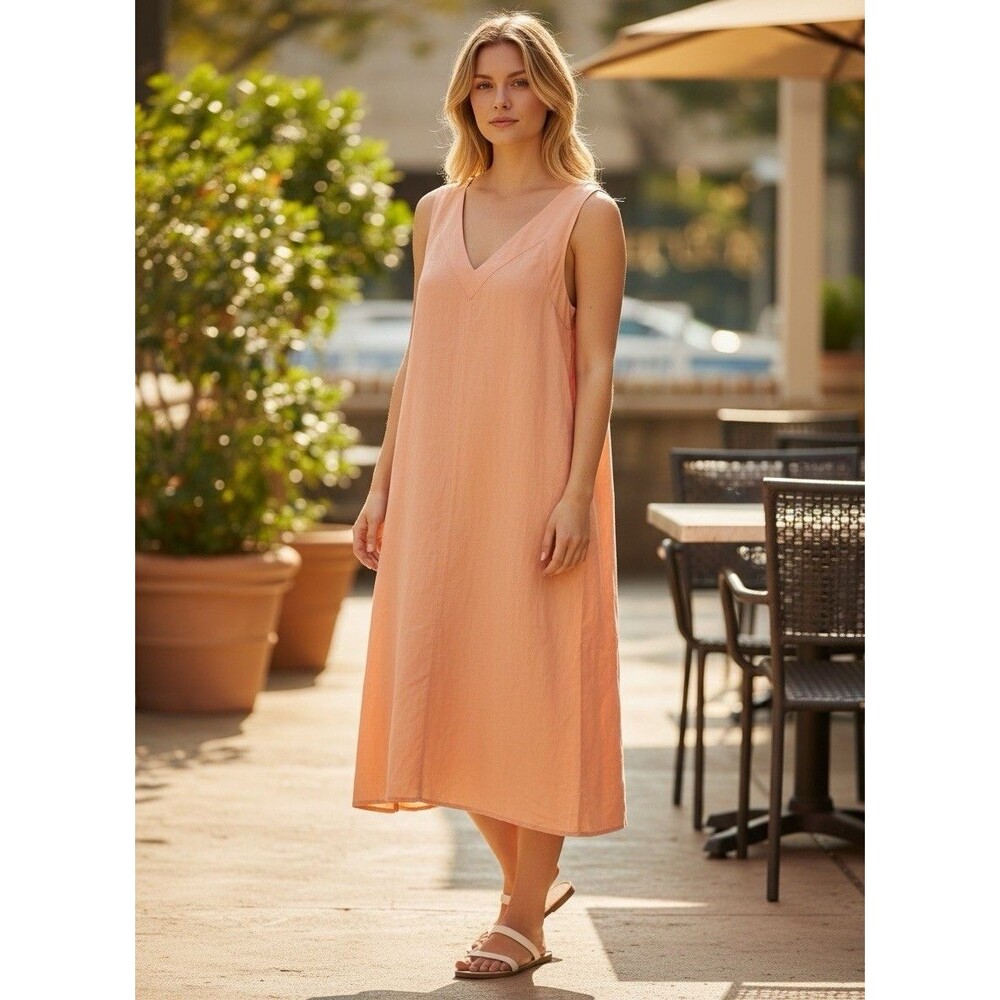 Dkny Large Linen body Dress Pink Oversized Maxi Sleeveless split legs XL/EG